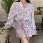 Floral Print Shirt / Pleated Mini A-line Skirt
