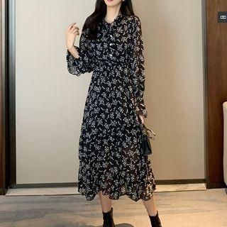 Puff-sleeve Floral Print Midi A-line Dress Floral - One Size