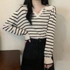 V-neck Striped Knit T-shirt