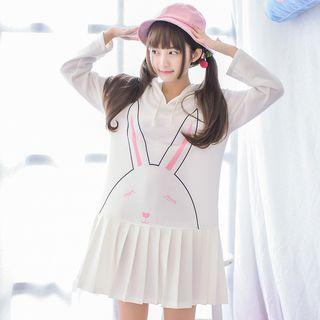 Rabbit Print Pleated Hem Hooded Long Sleeve Dress