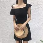 Plain Slim-fit Cut Out Shoulder Short Sleeve Dress