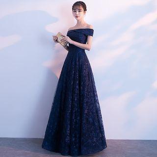 Off-shoulder Sequined Embroidered A-line Evening Gown