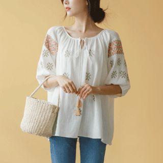 Tasseled Embroidered Textured Blouse