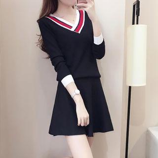 Set: V-neck Knit Pullover + A-line Skirt