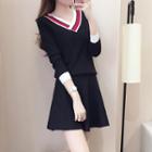 Set: V-neck Knit Pullover + A-line Skirt