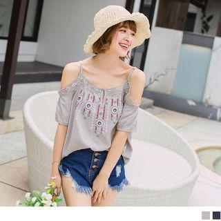 Totem Embroidered X Lace Peek Shoulders Top