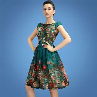 Cap-sleeve Floral Pleated Dress