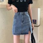 High-waist Denim Slit Mini A-line Skirt / Belt