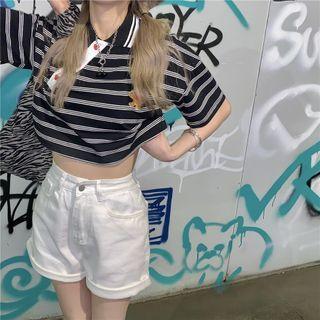 Short-sleeve Bear Embroidered Striped Cropped Top Black - One Size