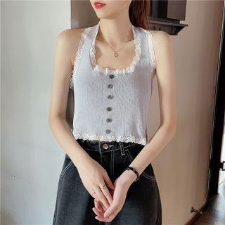 Sleeveless Lace Trim Button-up Top