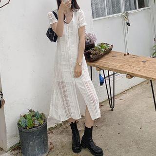 Short-sleeve Lace Button Midi A-line Dress