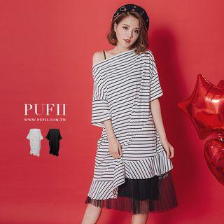 3/4-sleeve Off Shoulder Striped T-shirt Dress