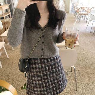 Set: V-neck Cardigan + Check Skirt