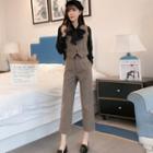 Set: Tie-neck Blouse + Chevron Stripe Buttoned Vest + Straight-cut Pants