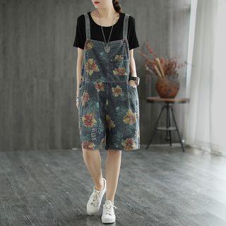 Floral Print Denim Jumper Shorts Orange Yellow Flowers - Denim Blue - One Size