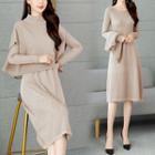 Set: Long-sleeve Midi A-line Knit Dress / Short-sleeve Sweater