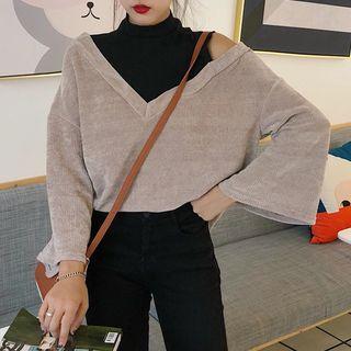 Mock Two-piece Long-sleeve Mock Neck T-shirt As Shown In Figure - One Size