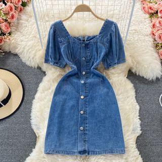Short Sleeve Single Breasted Denim Dress
