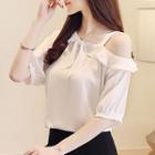 Bow Accent Elbow-sleeve Cutout Chiffon Top