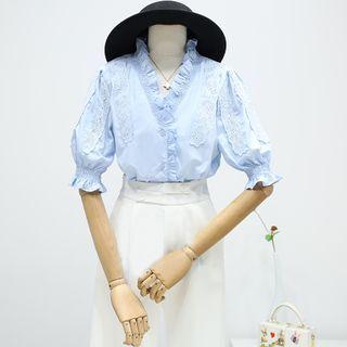 Embroidered Ruffled Elbow-sleeve Blouse