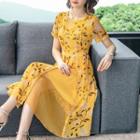 Flower Print Lace Trim Short-sleeve Midi A-line Dress
