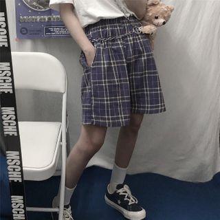 Elastic-waist Plaid Straight-cut Shorts