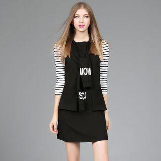 Set: Striped 3/4-sleeve T-shirt + Hooded Sleeveless Dress