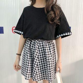 Set: Plaid Panel Elbow-sleeve T-shirt + Plaid Mini Skirt