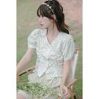 Puff-sleeve Floral Print Drawstring Blouse / Shorts