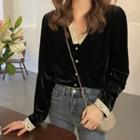 Long-sleeve Button-up Lace Trim Velvet Blouse Black - One Size