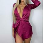 Long-sleeve Deep V-neck Asymmetrical Satin Mini Dress