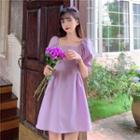 Puff-sleeve Plain A-line Dress Purple - One Size