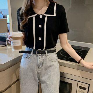 Striped Short Sleeve Buttoned Knit Top