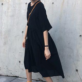 Elbow-sleeve Open Back A-line Midi Dress