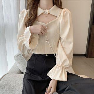 Faux-pearl Button Keyhole Long-sleeve Blouse