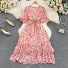 Short Sleeve V-neck Chiffon Maxi Dress