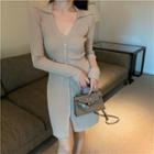 Collared Button-up Ribbed Knit Dress Khaki - One Size