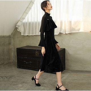 Set: Mock-neck Knit Top + Spaghetti Strap Midi Dress