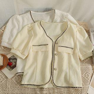 Embossed Contrast-trim V-neck Top