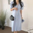 Single-breasted Puff-sleeve Midi A-line Dress Blue - One Size
