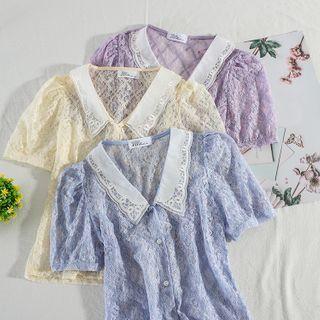 Collared Short-sleeve Lace Blouse
