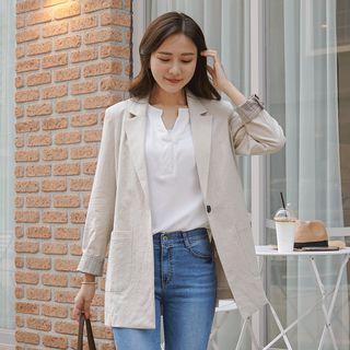 Single-button Plaid-trim Linen Blend Blazer