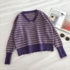 Color-block V-neck Striped Long-sleeve Sweater
