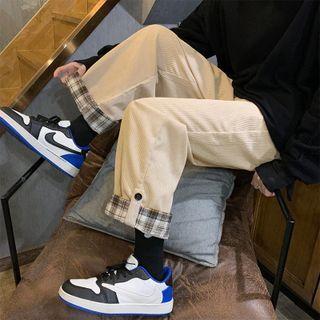 Gingham Hem Corduroy Straight Leg Pants