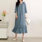 Pleated-trim Ruffle-hem Long Dress