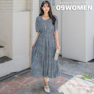 Plus Size Tie-side Pleated Long Floral Dress