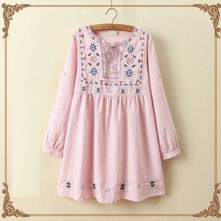Embroidered Lace-up Long-sleeve Dress