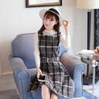 Set: Mock Neck Long-sleeve Knit Top + Check Pinafore Dress