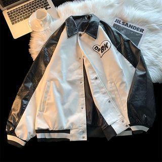 Heart Embroidered Color Block Faux Leather Jacket