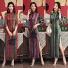 3/4-sleeve Striped Slit Midi Sheath Qipao Dress